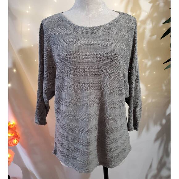 Tahari 100% Linen Sage Green Dolman Sleeve Stripe Knit Top Womens Size M Neutral - Picture 1 of 9